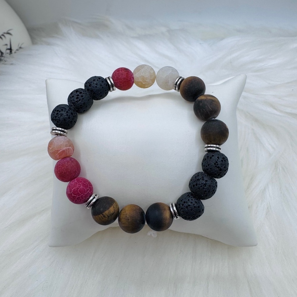 Natural Stone Beaded Bracelet – Lava Rock, Wooden & Pink Crackle Agate